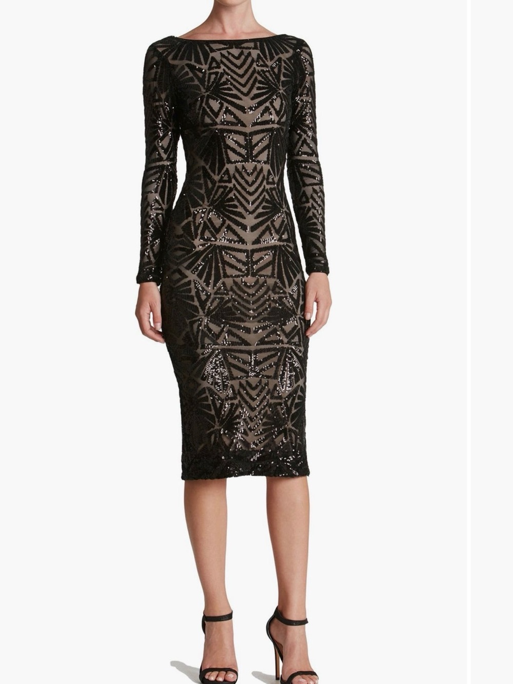 Dress the Population Black Sequin Geometric Illusion Midi Dress